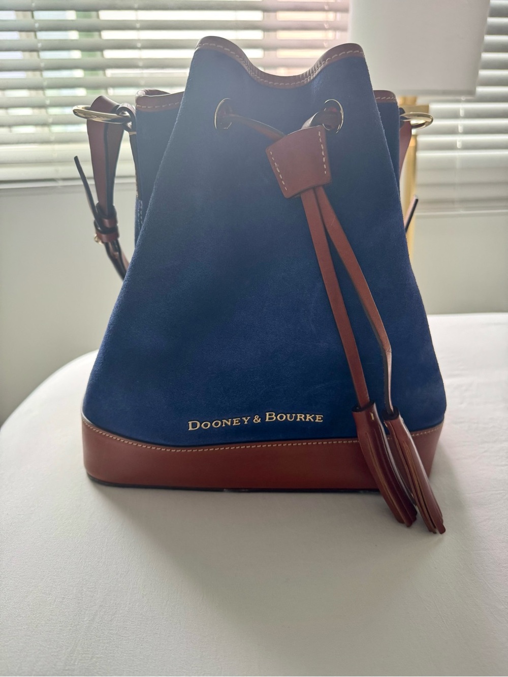 Dooney & Bourke Blue Suede and Brown Leather Drawstring Bucket Bag